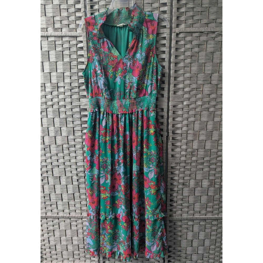 Roller Rabbit Sleeveless Midi Dress Green Floral Smocked Tiered Ruffle Sz M